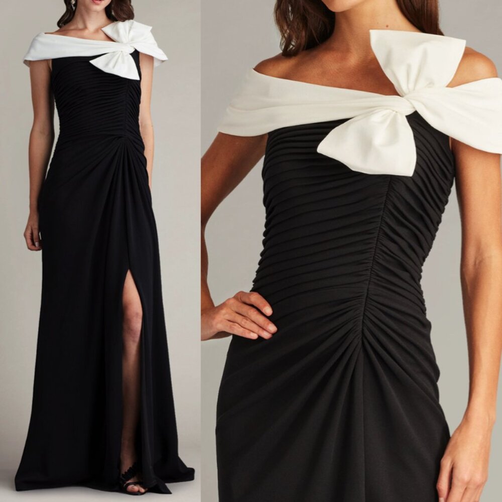 NWT Tadashi Shoji Darina Draped Bow Gown Dress Black Ivory